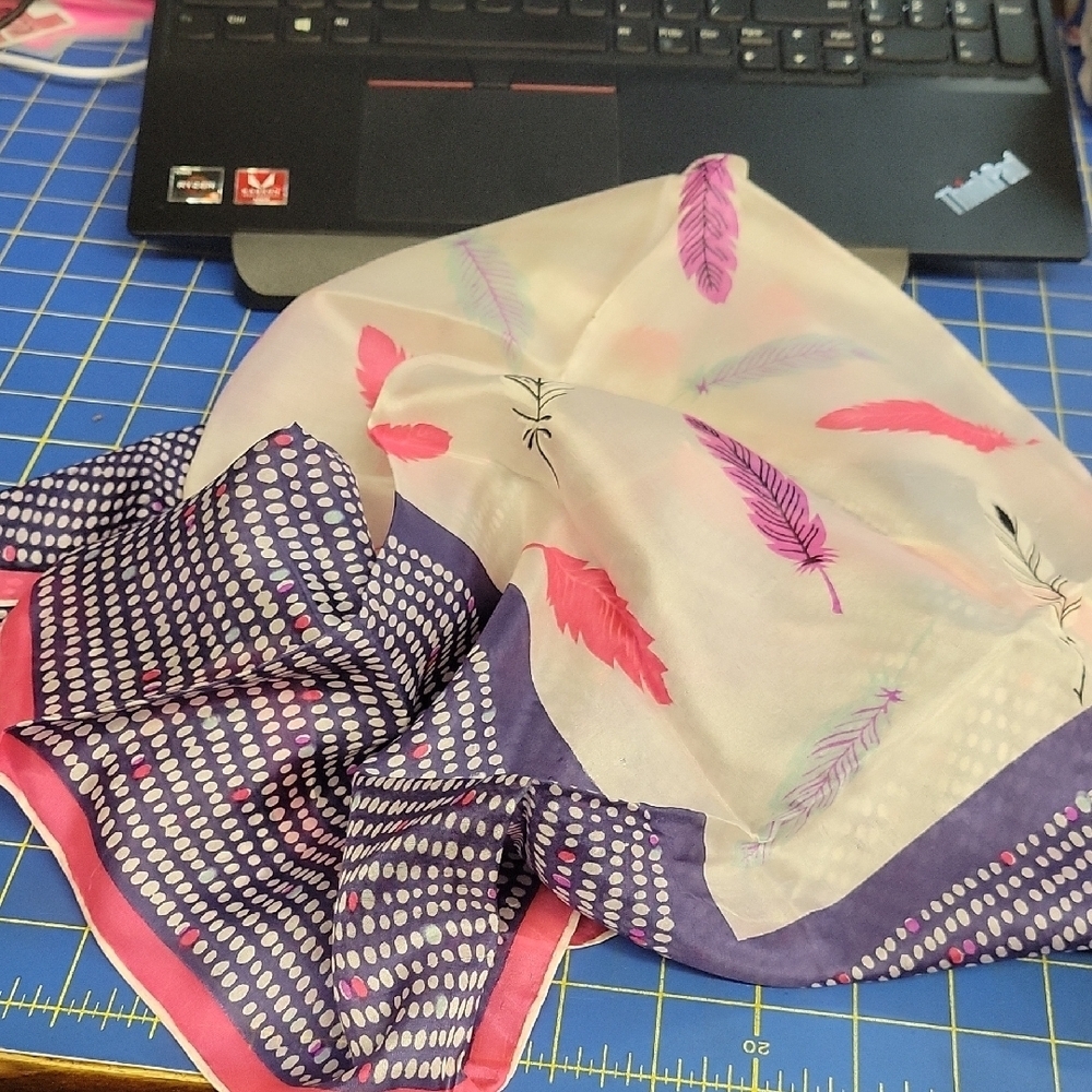 Vintage Feather Silky 32" Sheer Head Scarf Pink Blue Pink Purple